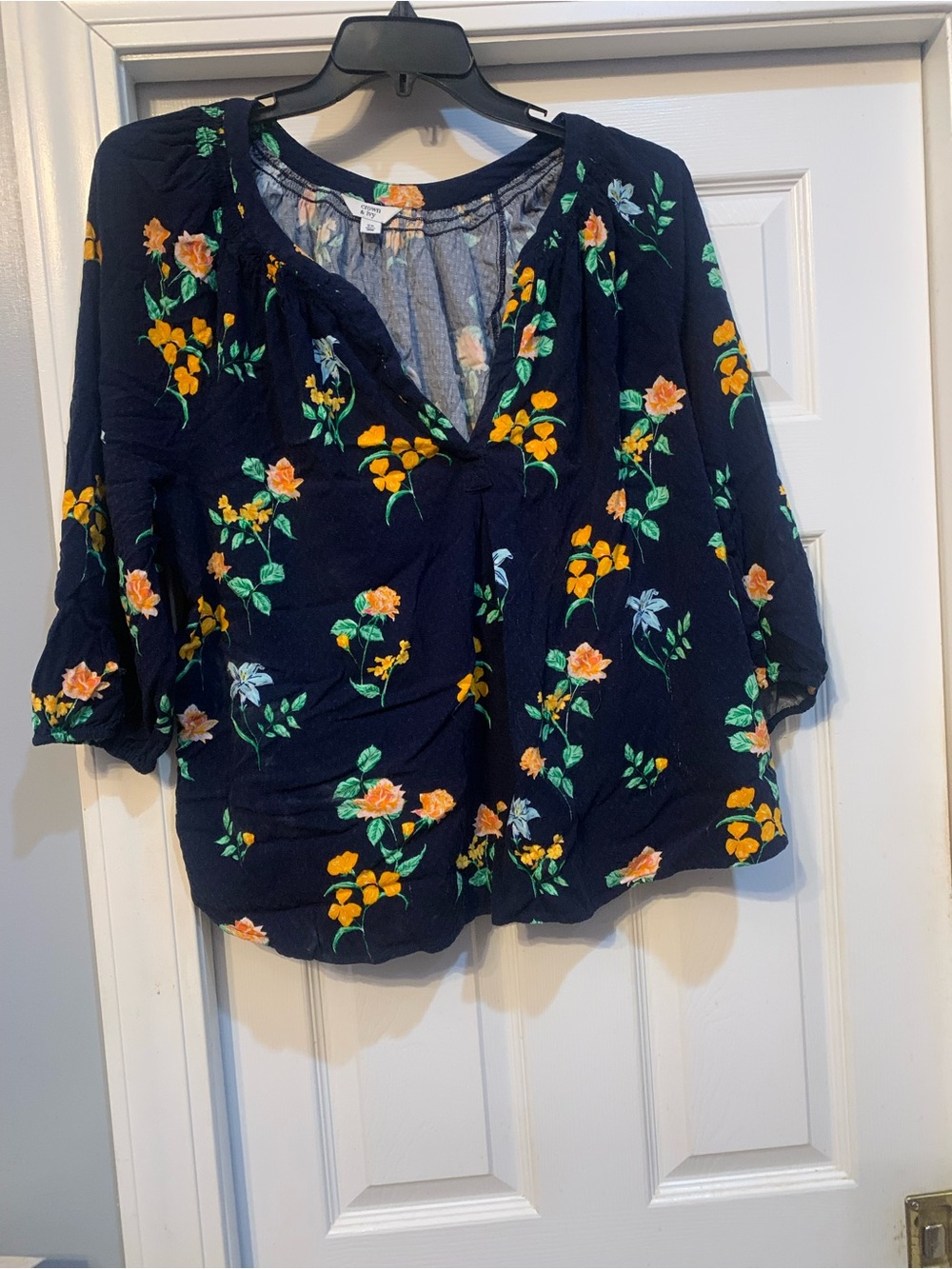 crown & ivy Navy Floral Peasant Blouse w/ Orange & Green Women’s Plus Size 2X